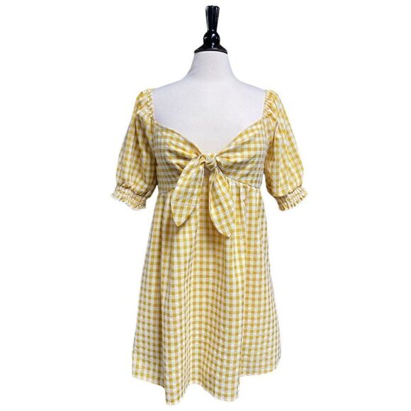 Made With Love Mustard Gingham Check Short Sleeve Dress Size Medium NWT - Picture 1 of 5
